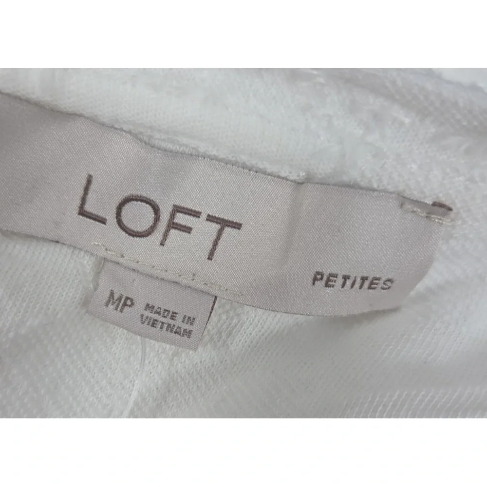 LOFT White Puff Sleeve Top M Petite Textured Fluffy Fabric Cottagecore Fairy NEW